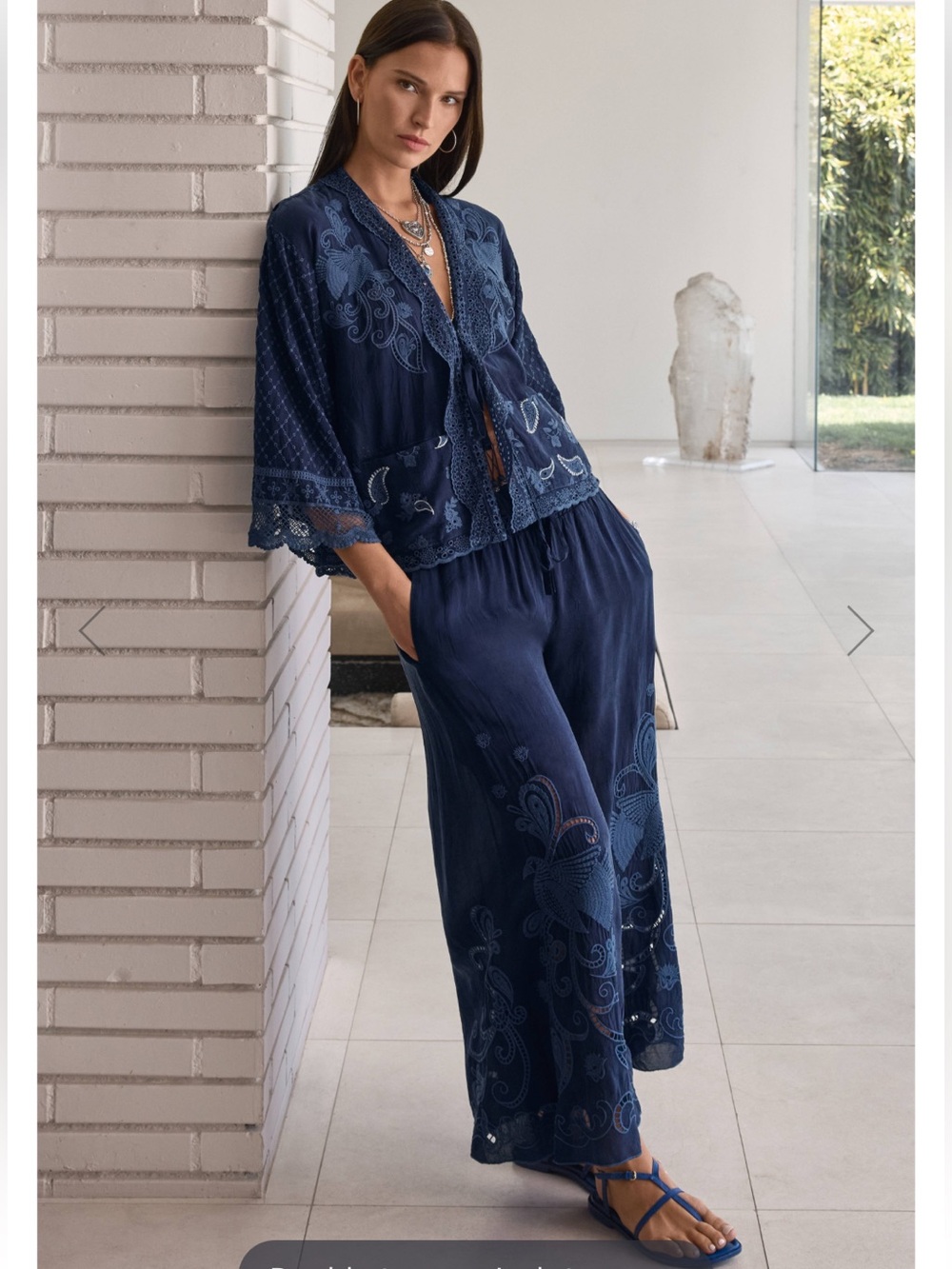 Johnny Was Angharad Embroidered Flowy Tie Front Kimono Top in Blue Night - XL